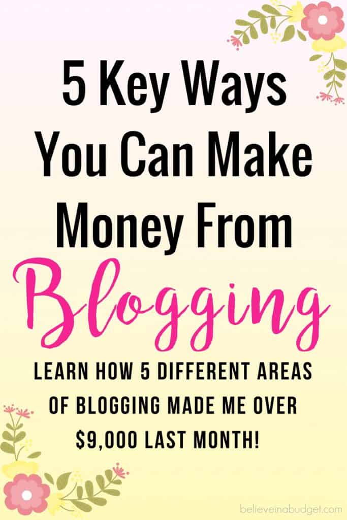I never realized there are so many ways to make money from blogging. If you are interested in earning extra income or one day blogging full time, this post shares 5 different ways my blog makes money each month. It is really helpful to be diverse and earn money from different sources of revenue. Here's how I make money each month - this was my best month yet and I've only been a blogger for 1.5 years! 