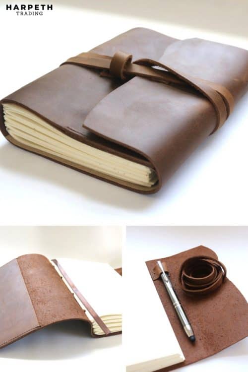 This handmade leather sketchbook is perfect for men or women, has thick off-white cream paper, and is great for making to-do lists, work meetings, taking notes, students and artists.